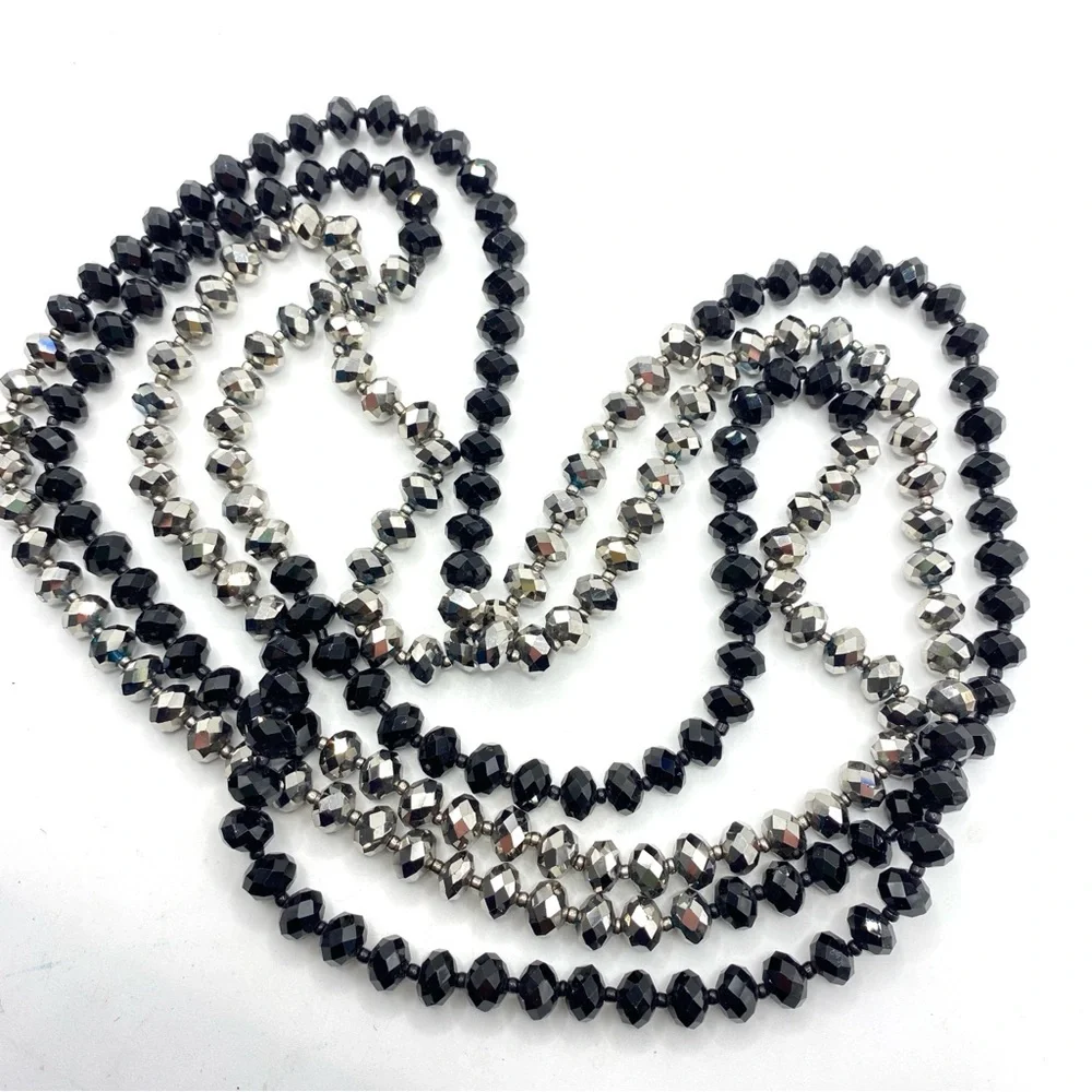Glass Beads Necklace Faceted Black & Hematite Colored Beads Long Over-The-Head